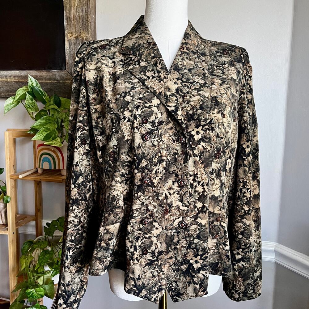 Vintage 80s Double Breasted Blazer Jacket Neutral Lightweight Floral Size Large
